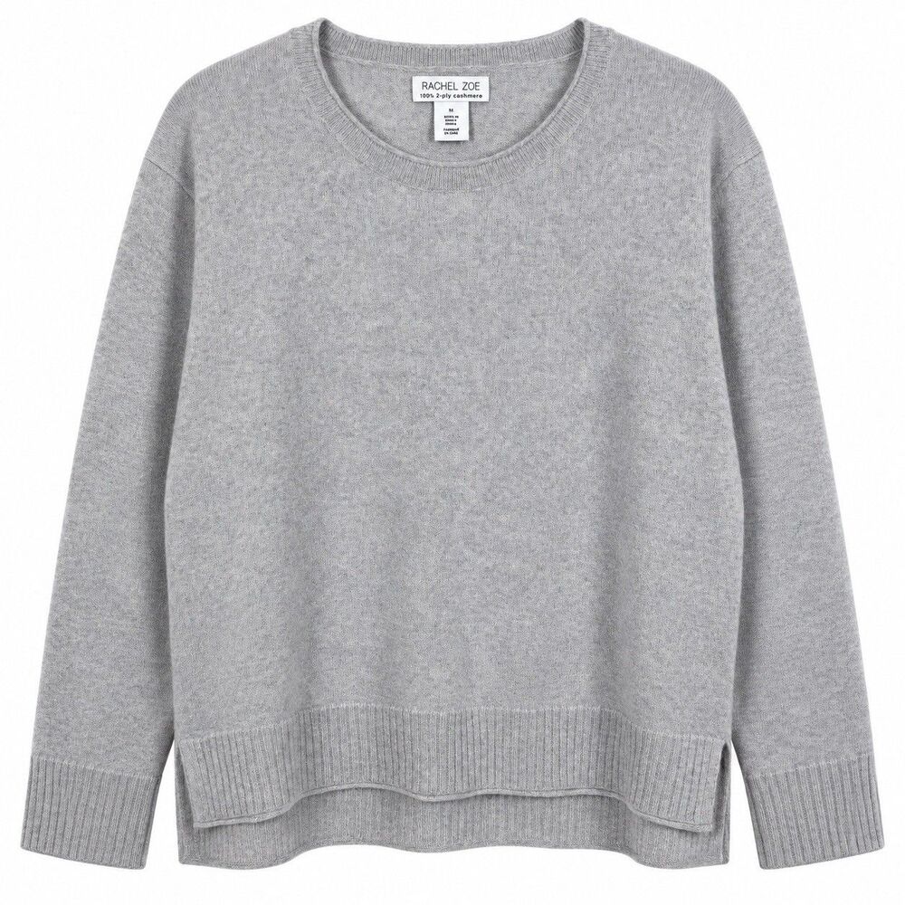 Rachel Zoe Womens XL Gray 100% 2-Ply Cashmere Sweater Crew Neck Side Slit